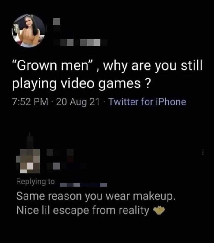 Twitter exchange humor about grown men playing video games as a funny escape from reality in funniest memes collection.