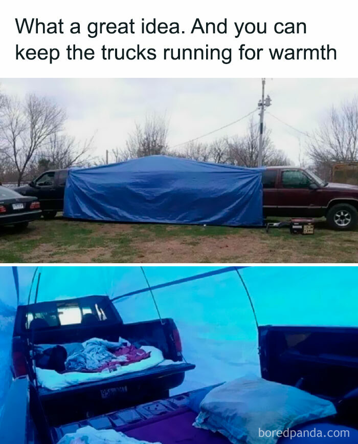 Two pickup trucks connected by a tarp, creating a cozy sleeping area inside, showcasing funniest memes humor.