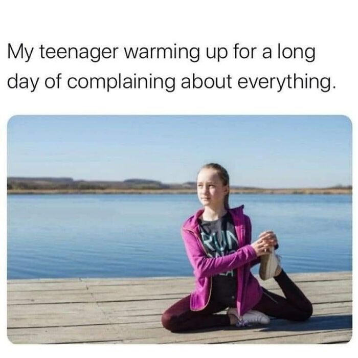 Teenager stretching by the water with a humorous caption about complaining, a relatable funniest memes image.