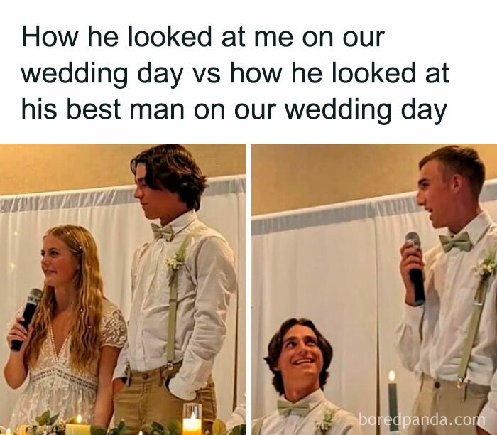 Funny wedding meme showing contrasting looks between groom and best man, perfect for funniest memes to make your day better.