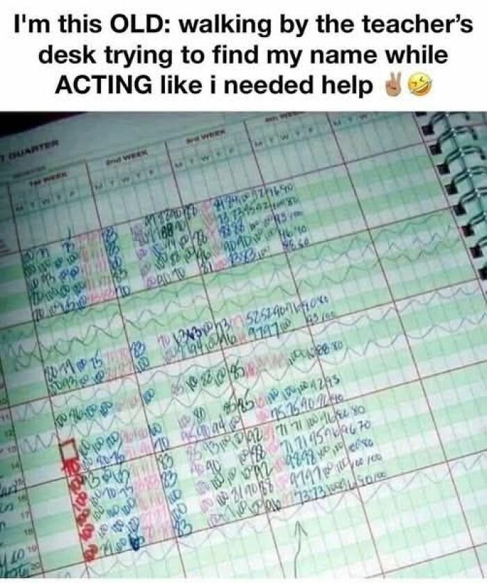 Handwritten grade book with a funny meme about acting like needing help to find a name, illustrating funniest memes humor.