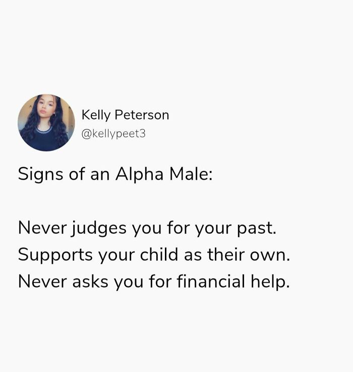 Tweet text about signs of an alpha male, featured in a collection of funniest memes for a better day.