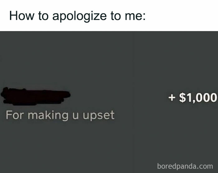 Sarcastic meme showing a humorous apology requiring $1,000 for making someone upset, perfect for inner cynics.