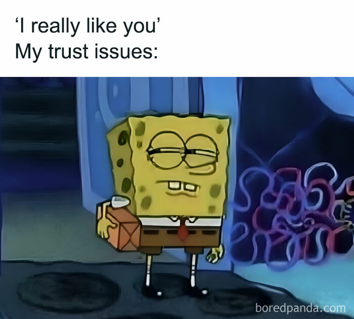 SpongeBob SquarePants with a suspicious expression holding a juice box depicting sarcastic memes about trust issues.