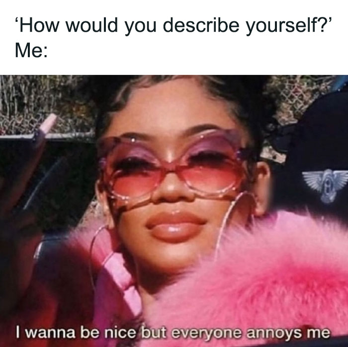 Woman in pink fur coat and oversized sunglasses showing peace sign with sarcastic meme text about being annoyed, perfect for cynics.