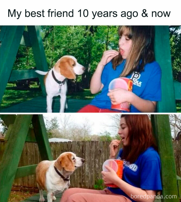 Young woman and her dog 10 years apart sharing snacks outdoors, showcasing lasting bond in popular dog memes.