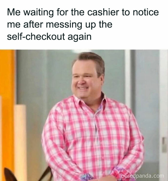 Man in a pink checkered shirt smiling awkwardly, caption about messing up the self-checkout, funny posts to share with friends.