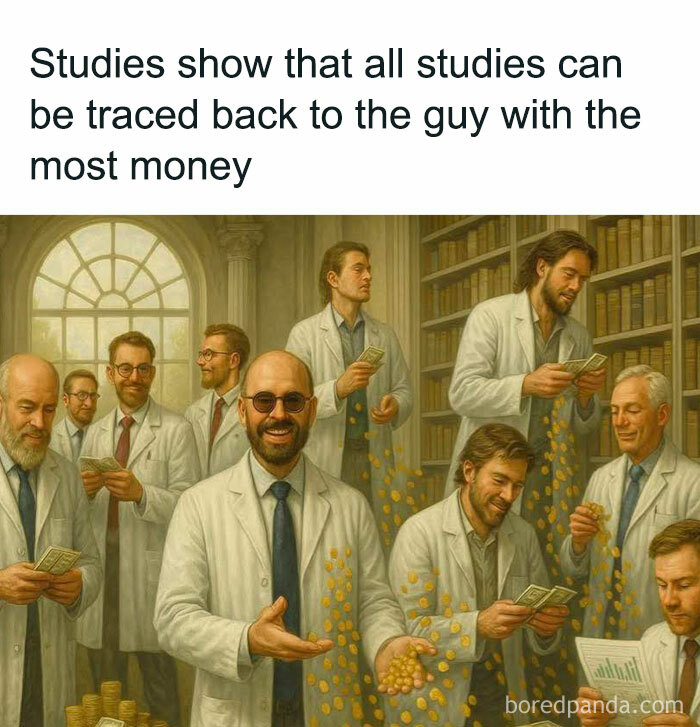 Scientists in lab coats counting money with coins falling, illustrating studies linked to the guy with the most money.