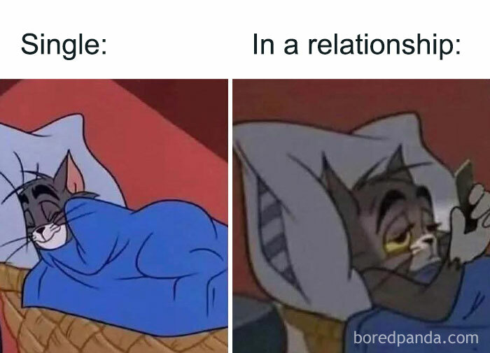 Funny posts meme comparing single vs in a relationship with cartoon cat Tom lying in bed in different moods