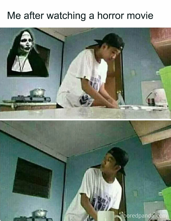 Young man in a cap washing dishes nervously with a scary nun image behind, funny posts to share with friends.