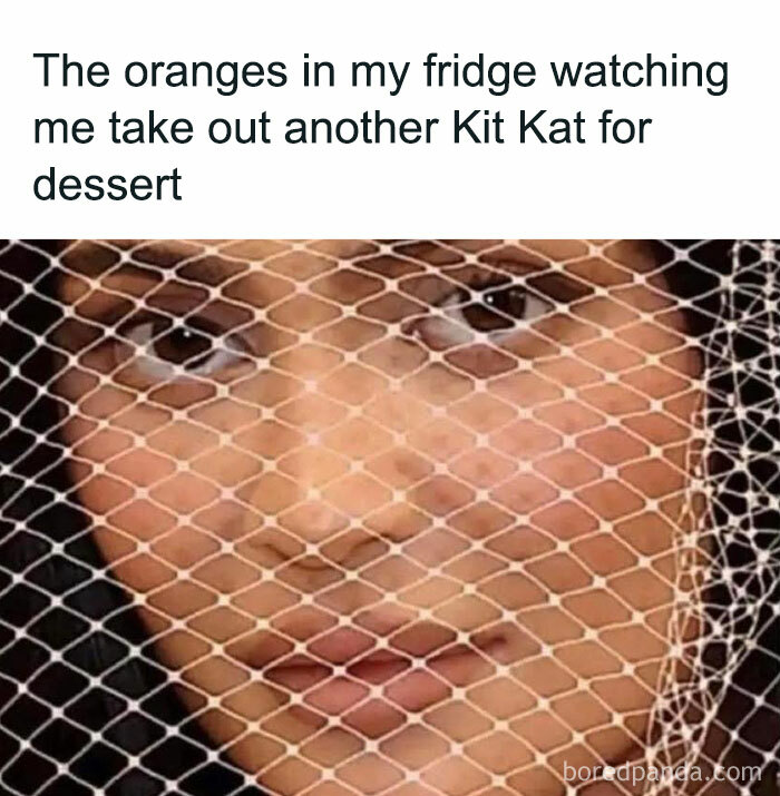 Woman behind a mesh net with a disappointed look, illustrating funny posts about relatable dessert moments.
