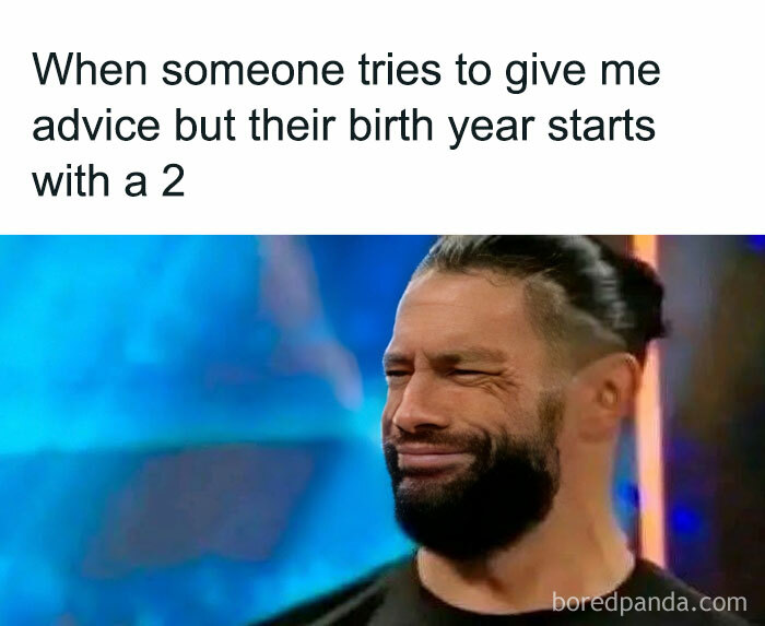 Man making a skeptical face reacting to advice from someone born in the 2000s, funny posts to share with friends.