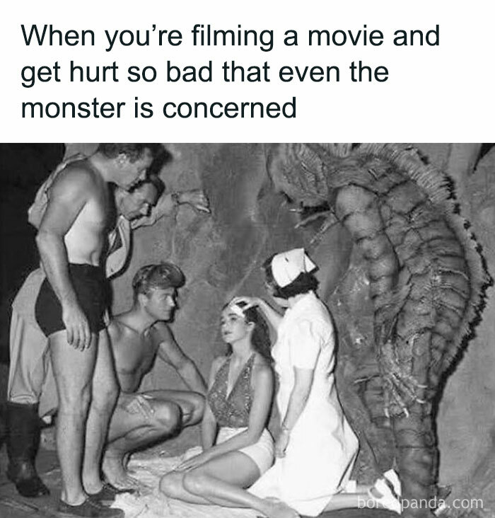 Black and white vintage movie scene with actors and monster showing concern, fitting funny posts to share with friends theme.