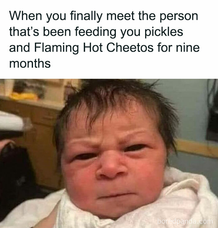 Newborn baby with a serious expression, humorously captioned in a funny post for sharing with friends.
