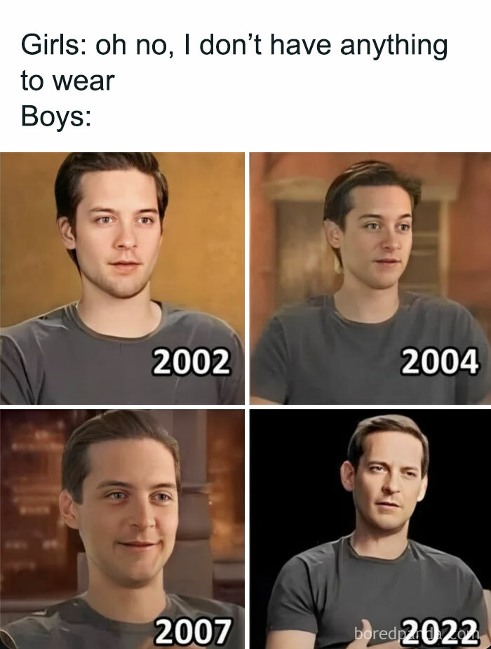 Four photos of a man from 2002 to 2022 illustrating a funny post about boys' style over time in funny posts.