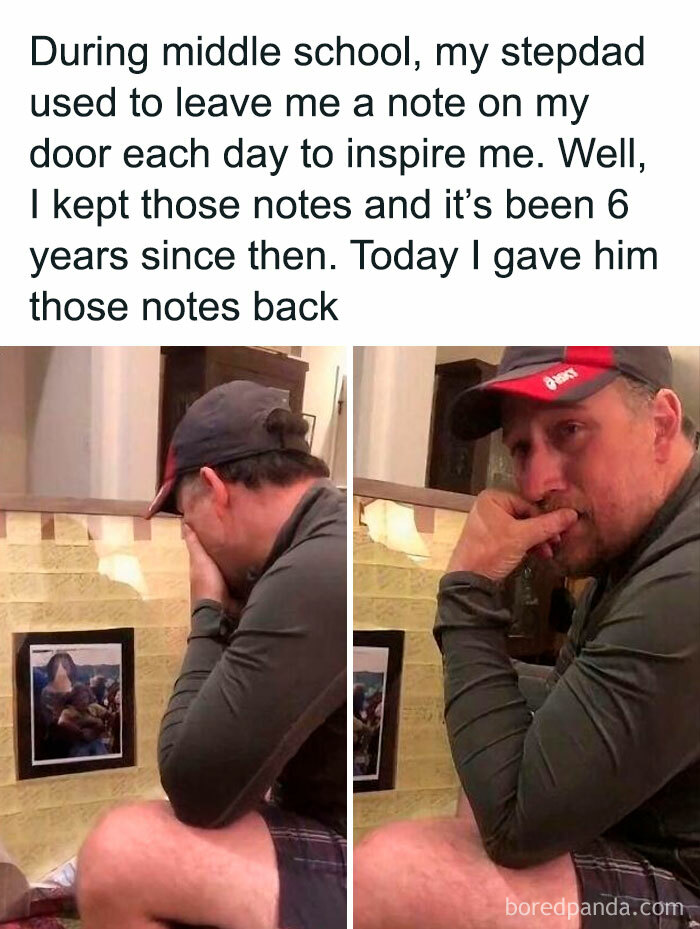 Man emotional after receiving notes from stepdad, a touching moment captured to give you your daily serotonin boost.