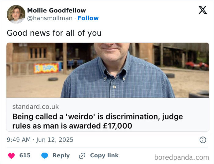 Tweet showing a humorous headline about a man awarded for being called a weirdo among best tweets that c*****d people up this June.