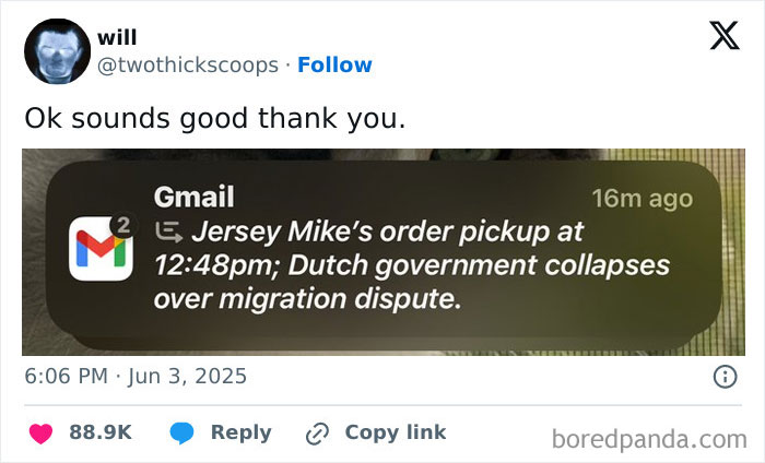 Screenshot of a humorous tweet about an order pickup and a government dispute, illustrating top tweets that c*****d people up.