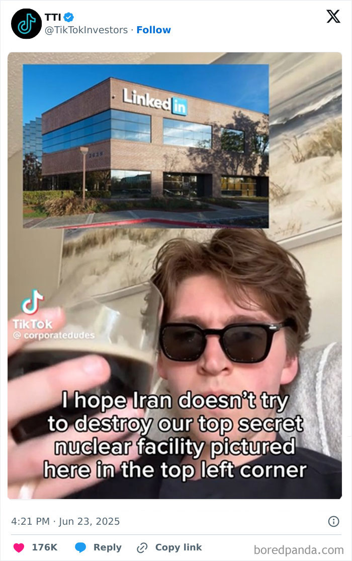Man wearing sunglasses holding a drink with a LinkedIn building image, part of best tweets that c*****d people up this June.