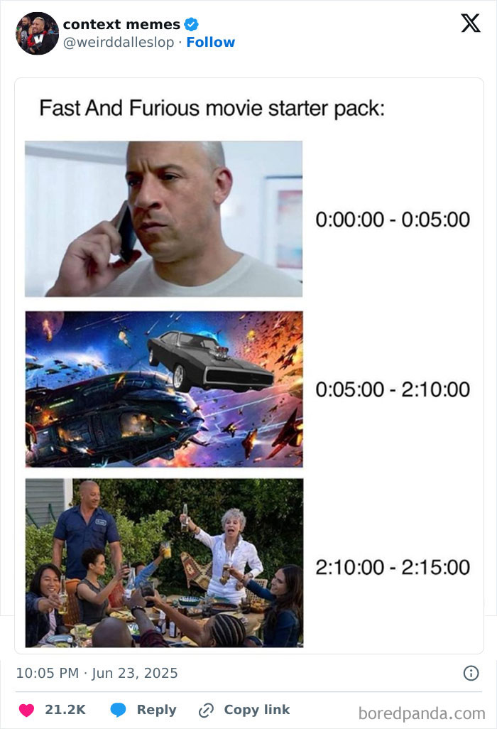 Funny tweet meme showing Fast and Furious movie starter pack with Vin Diesel, spaceship car chase, and cast celebrating at a dinner table.