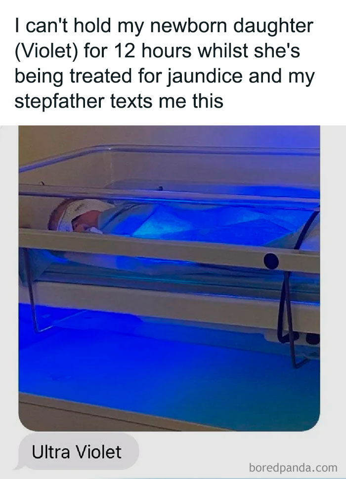Text meme showing a stepfather’s funny reply with an "Ultra Violet" photo to cheer up after a hard day.