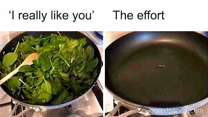 A side-by-side image showing a pan full of fresh spinach labeled I really like you and an empty pan labeled The effort, illustrating funny memes.