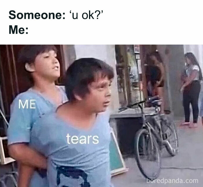 Person labeled ME holding another version of themselves labeled tears, illustrating relatable funny meme about emotions and therapy costs.