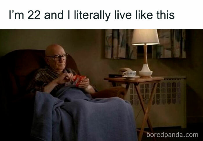 Elderly man wrapped in blanket eating snacks, illustrating relatable funny memes about daily life and therapy costs.