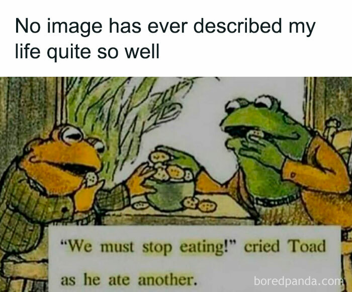 Funny meme with cartoon frogs eating cookies, capturing relatable moments about therapy being expensive and overeating.