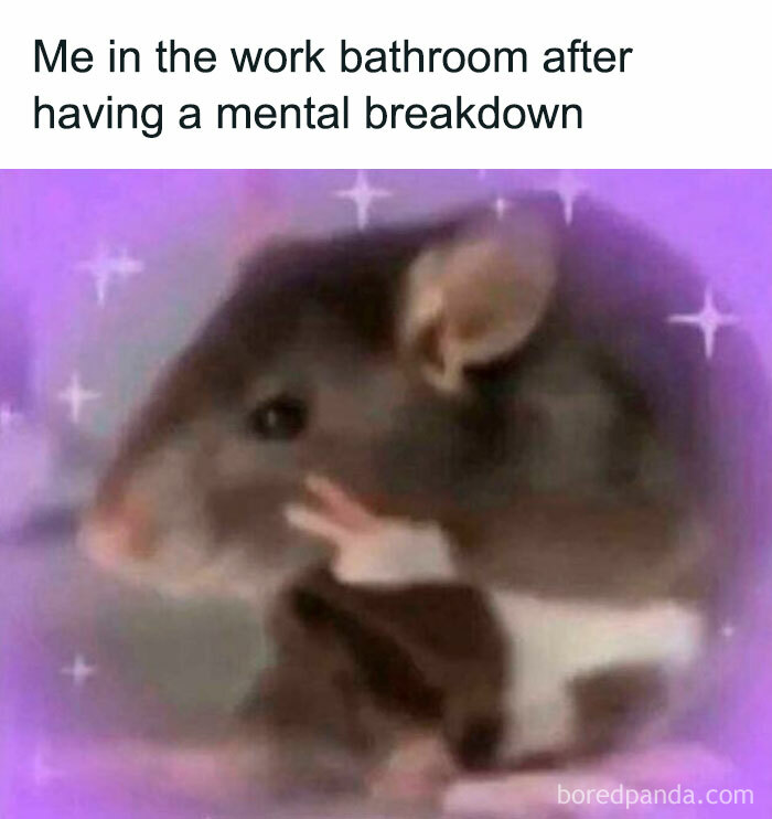 Funny meme of a rat showing a peace sign with purple sparkles, relatable to mental breakdown and therapy being expensive.
