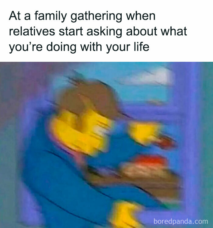 Blurry cartoon character reacting at a family gathering meme about therapy and relatable funny moments