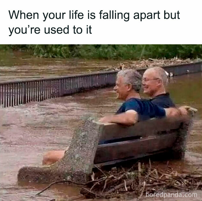 Two elderly men sitting on a bench in floodwater, illustrating funny memes relatable to therapy being expensive.