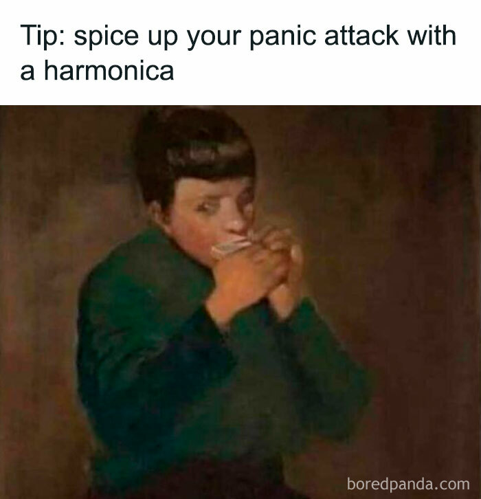Person holding a harmonica with funny meme text about panic attacks, relating to therapy being expensive humor.
