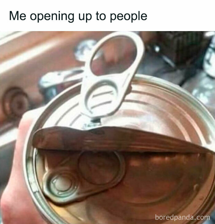 A humorous image of a damaged can lid struggling to open, illustrating relatable therapy memes about opening up to people.