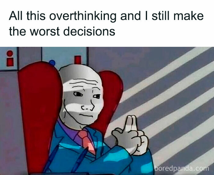Sad cartoon character overthinking while sitting in a chair, relatable funny meme about therapy and mental health humor.