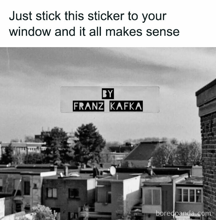 Black and white cityscape with a humorous meme about therapy featuring a quote by Franz Kafka on a window sticker.