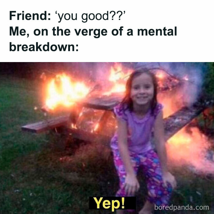 Young girl smiling in front of a burning picnic table, funny memes about mental health relating to therapy being expensive.
