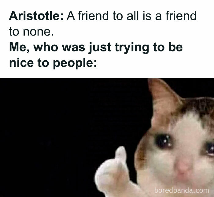 Funny meme with a crying cat giving a thumbs up, illustrating relatable moments from therapy and emotional struggle.