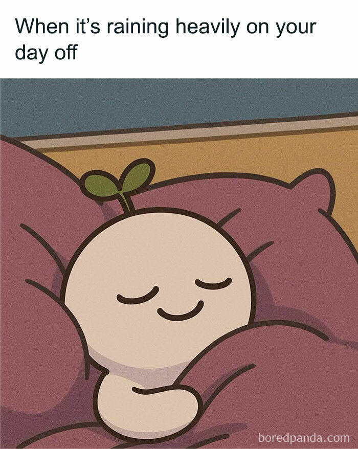 Cute cartoon character peacefully resting in bed during heavy rain, capturing everyday life as an introvert meme.