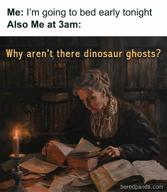 Introvert meme showing a woman reading by candlelight with the humorous text about dinosaur ghosts at 3am.