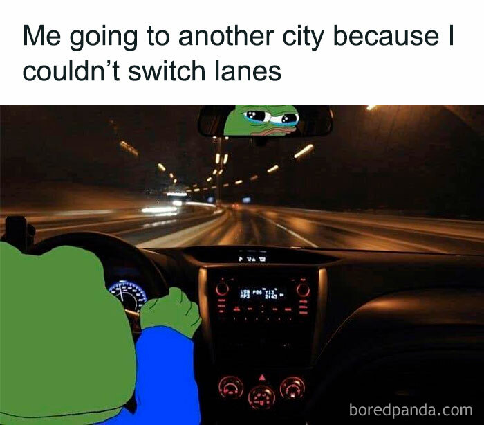 Pepe the Frog driving at night meme illustrating introvert humor in everyday life with spot-on relatable situations.
