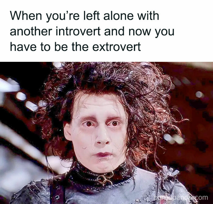 Meme showing a distressed person with wild hair, captioned about introverts having to act extroverted being relatable for introvert life.