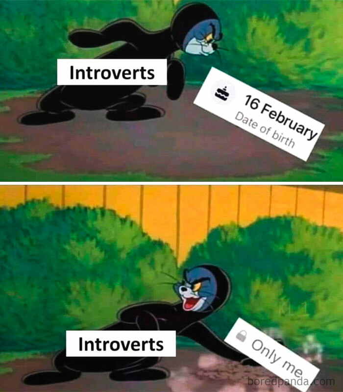 Cartoon meme showing introverts avoiding social events and preferring to stay alone, highlighting everyday introvert life humor.