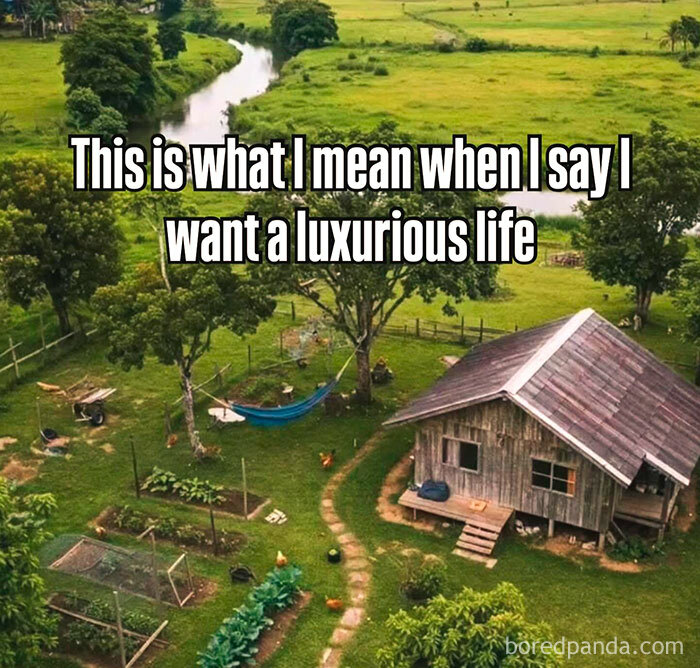 Scenic rural farm with a hammock and garden illustrating introvert lifestyle memes about a luxurious life.