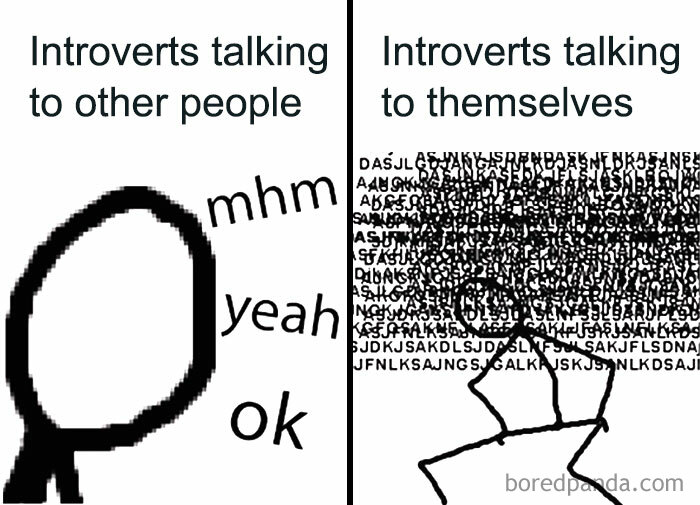 Simple black and white meme illustrating introverts talking to others versus their inner thoughts with text and stick figures.