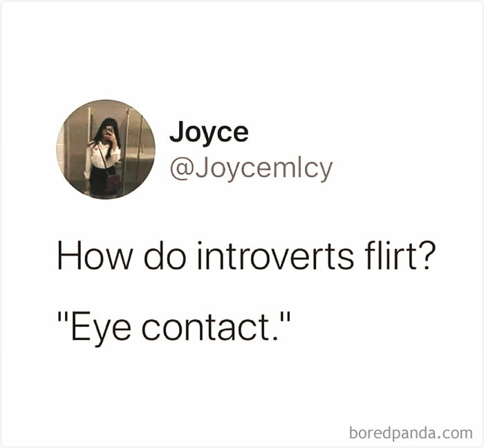 Screenshot of a social media meme about introverts flirting with eye contact, highlighting everyday life as an introvert.