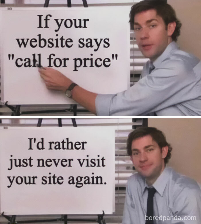 Man humorously presenting a meme about website pricing, capturing spot-on memes that sum up everyday life as an introvert.