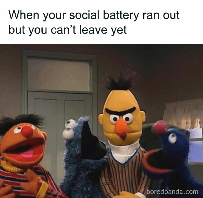Sesame Street characters showing tired expressions representing introvert social battery running out in a relatable meme.