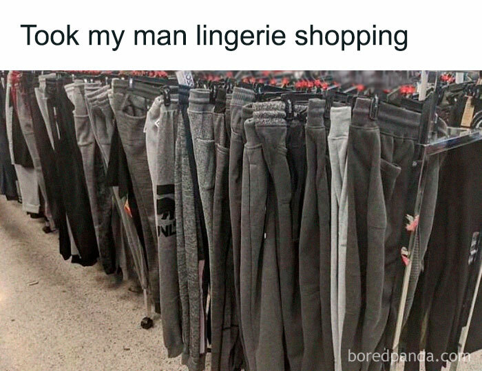 Rows of grey and black sweatpants on hangers in a store aisle, humorously linked to circle of idiots memes.