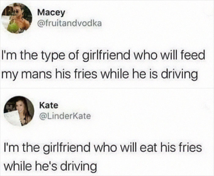 Social media meme with two girlfriends joking about fries and driving, fitting the circle of idiots hilarious memes theme.